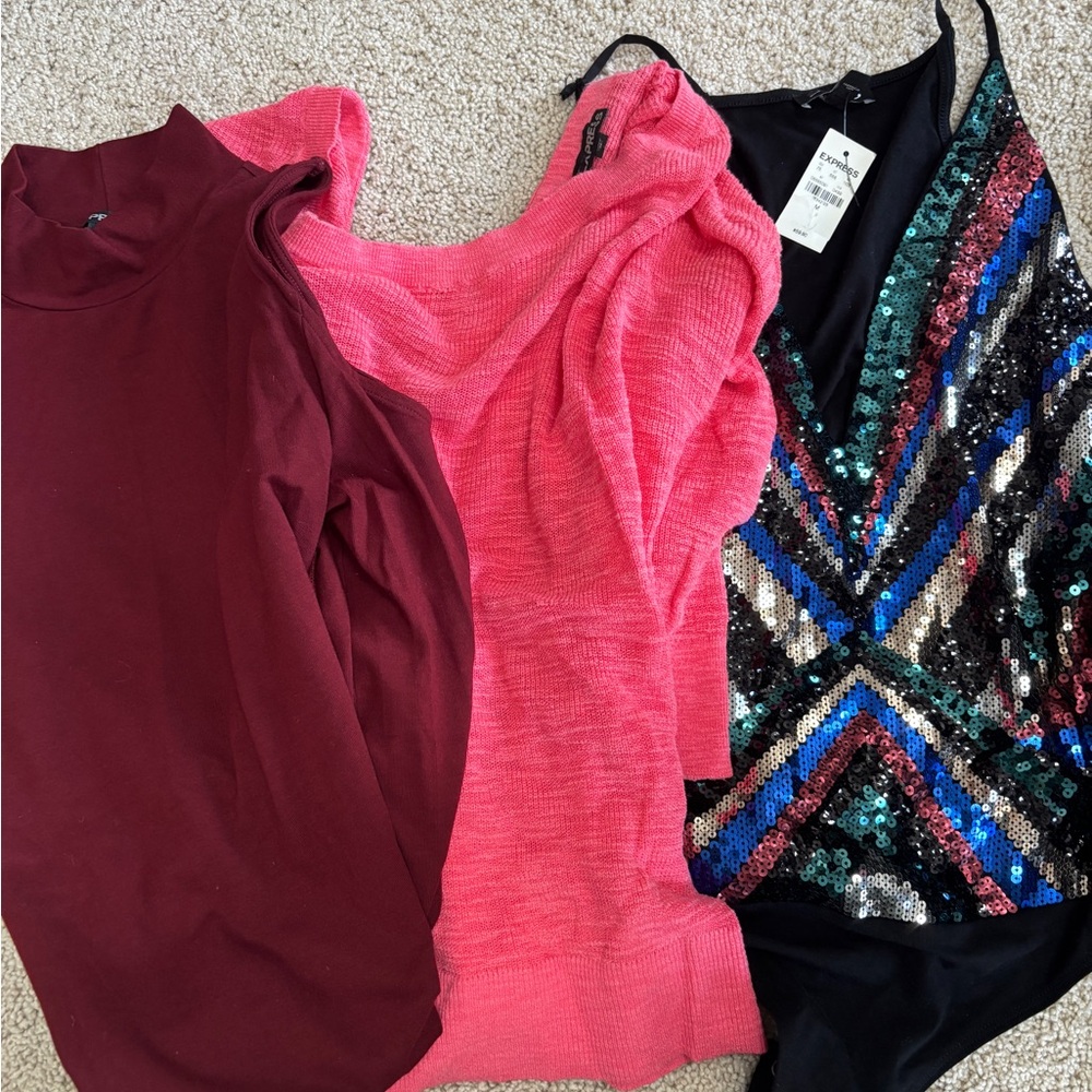 Express Tops: wine colored open shoulder, coral tie back sweater and sequin body